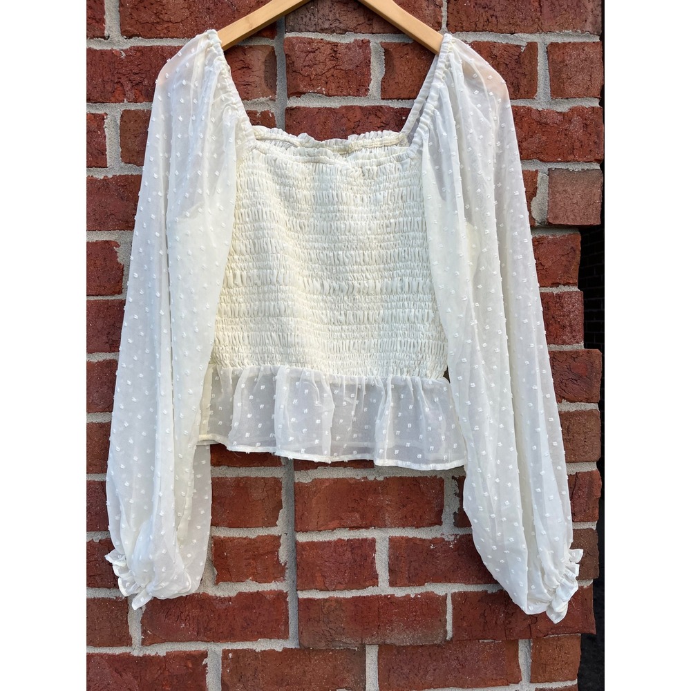 Very J Cream Swiss Dot Smocked Puff Sleeve Blouse Square Neck Top Large